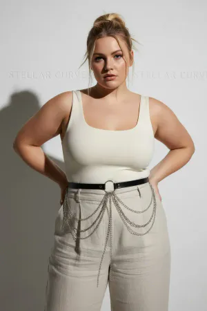 Large Size Black Women's Leather Belt with Multiple Chain Detail Design - APFT922