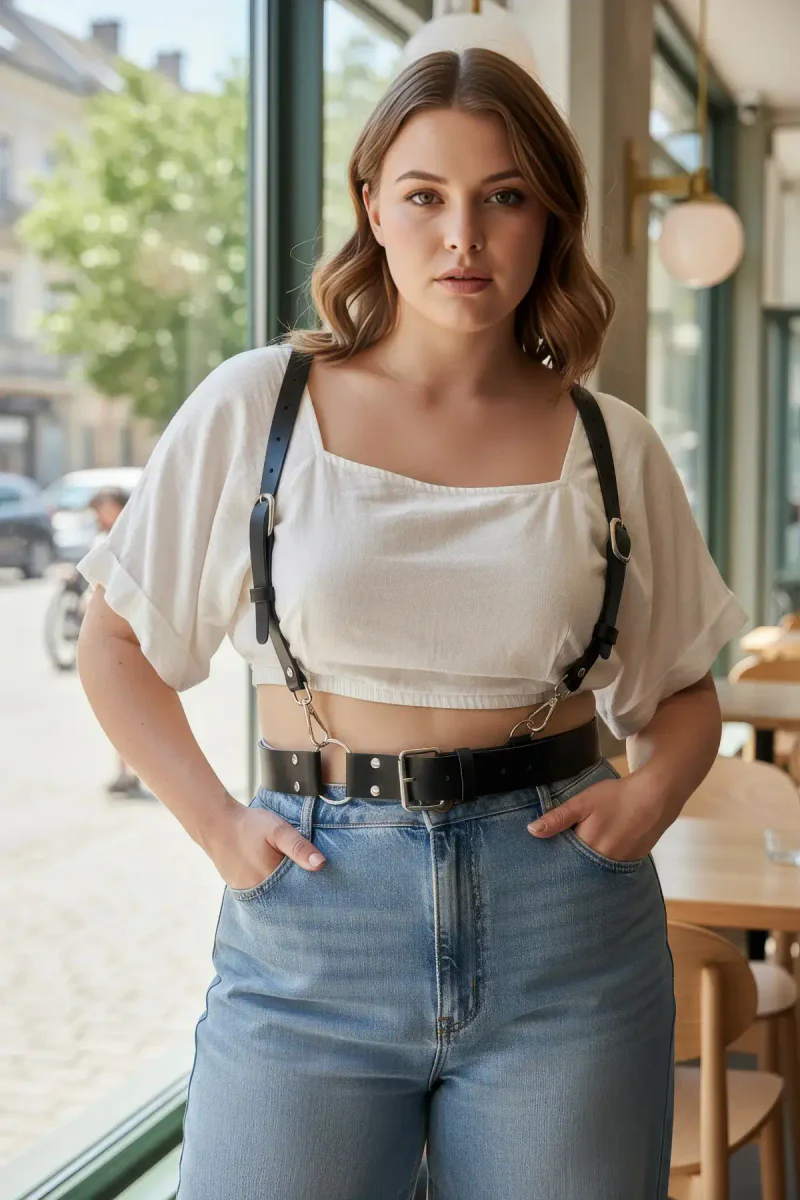 Black Faux Leather Harness Belt Front