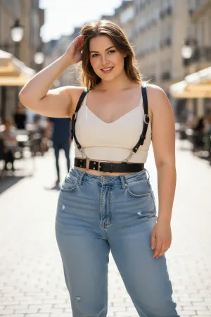 Plus Size Black Women's Belt Leather Harness Style Ring Detailed Body Accessory - APFT934