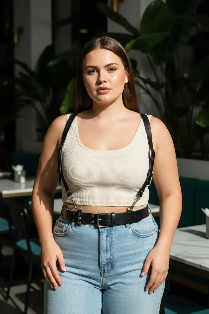 Black harness belt worn by model in