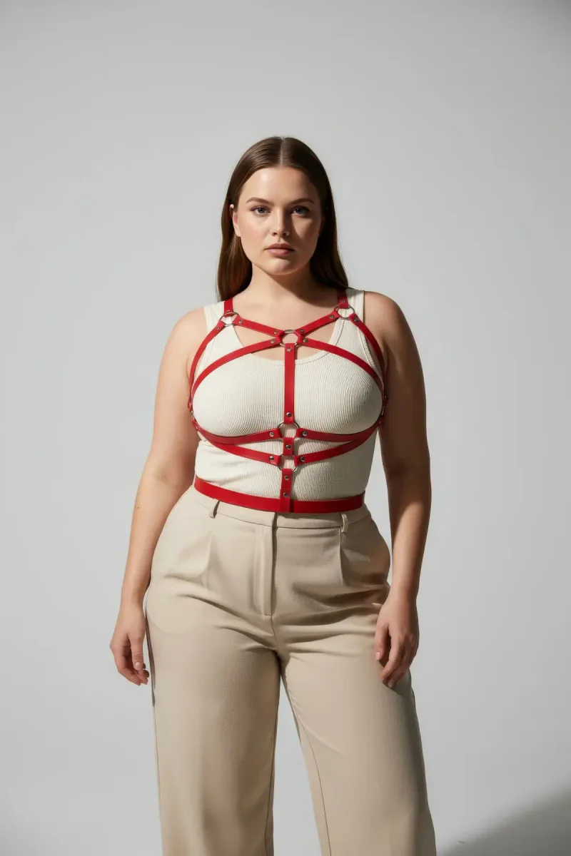 Red Faux Leather Body Harness Side