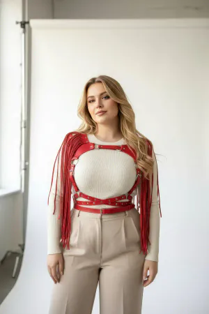 Plus Size Red Women's Belt Tasseled Leather Harness Body Accessory - APFT999