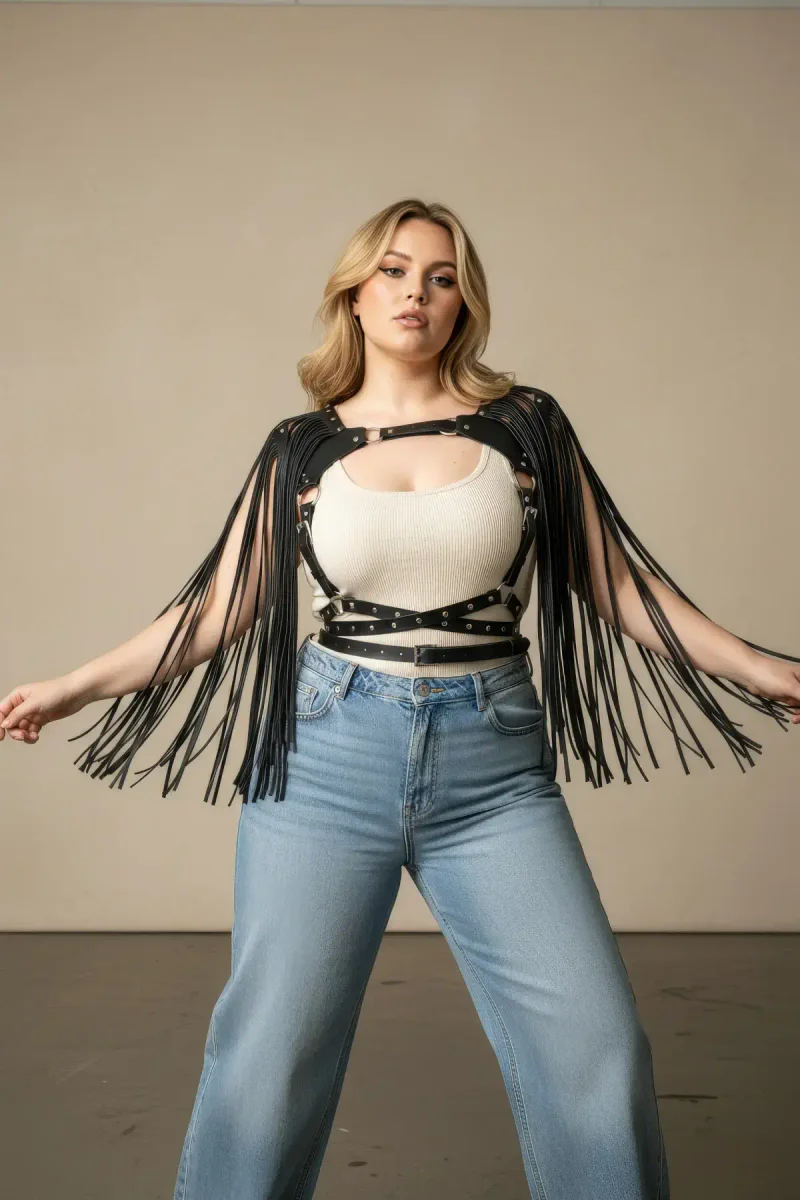 Plus Size Black Women's Belt Tassel Detailed Leather Body Accessory - APFT999