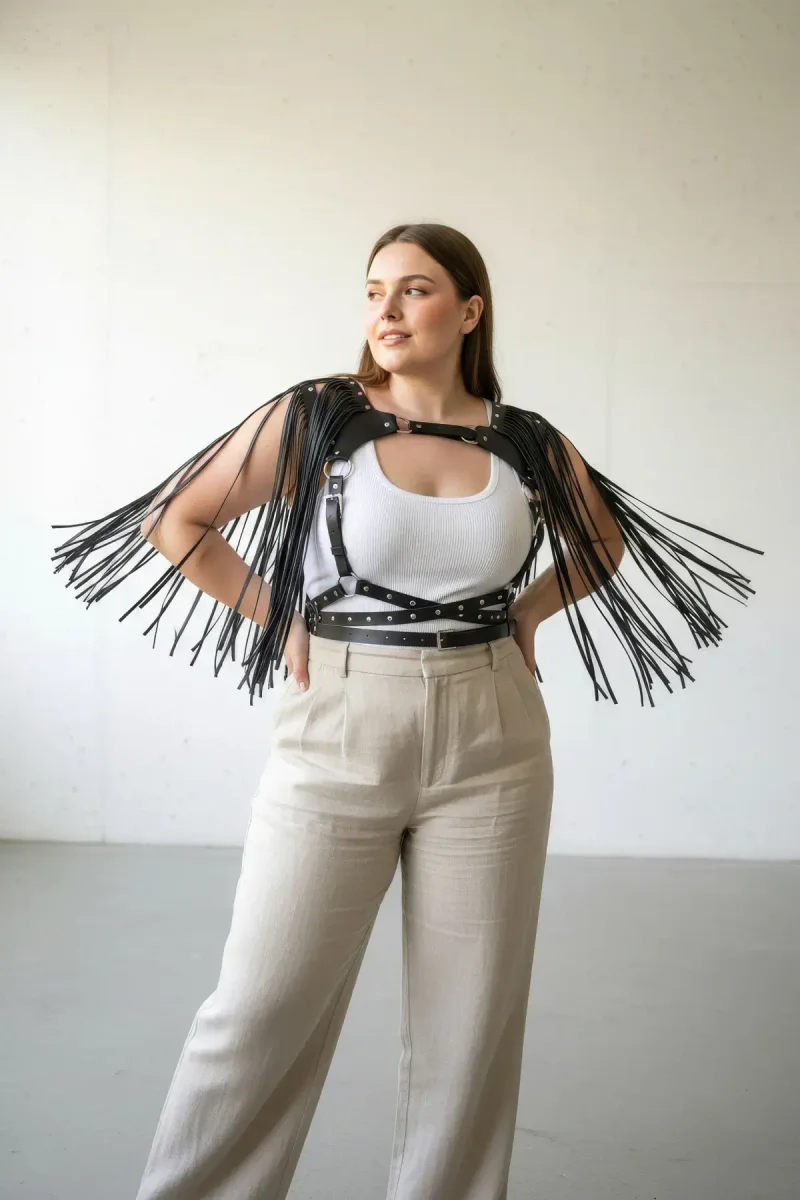 Plus Size Black Women's Belt Tassel Detailed Leather Body Accessory - APFT999
