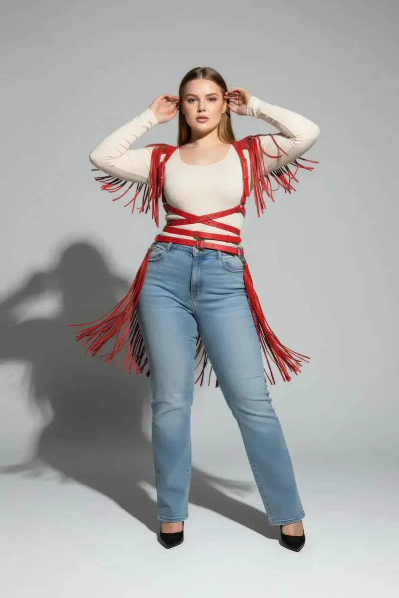 Red Vegan Leather Body Harness Back View Fashion
