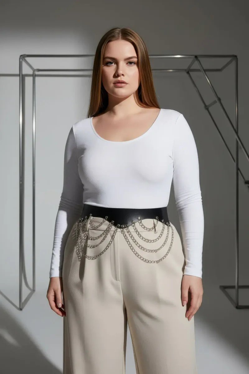 Plus Size Black Women's Wide Leather Belt with Chain Detail - APFT1096