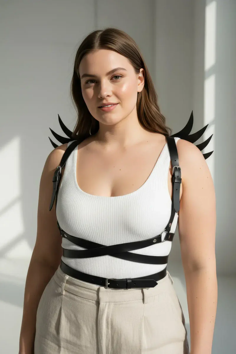 Black Faux Leather Devil Wing Body Harness Women Adjustable Straps