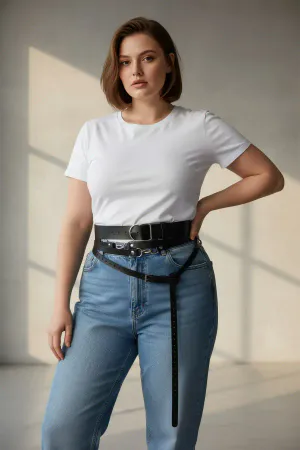 Plus Size Black Women's Belt with Corset Look Multi-Layered Buckle - APFT1129