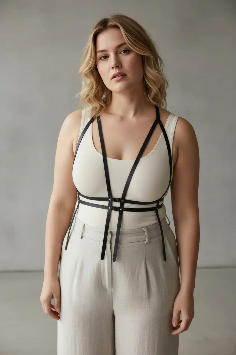 Caged geometric harness detail straps in black