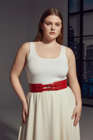 Plus Size Red Women's Wide Belt with Double Buckle Leather Combination Complement - APFT1203