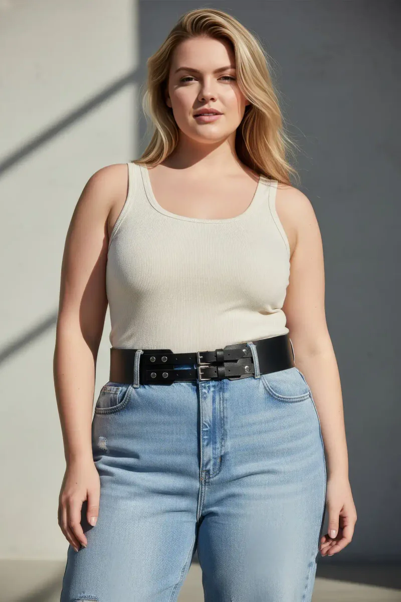 Black faux leather waist cincher detail
