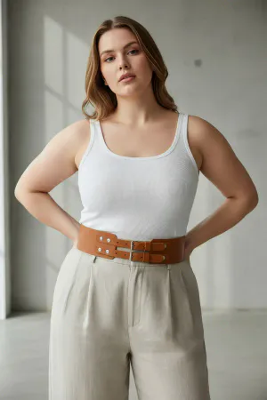 Large Size Tan Women's Belt Genuine Leather Wide Form Double Buckle - APFT1203