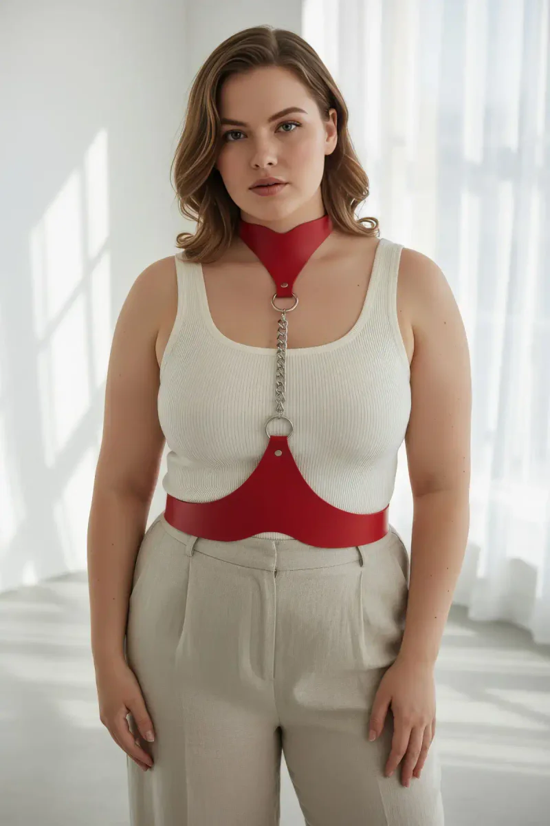 Plus Size Red Women's Belt Chain Detailed Leather Body Accessory - APFT1265