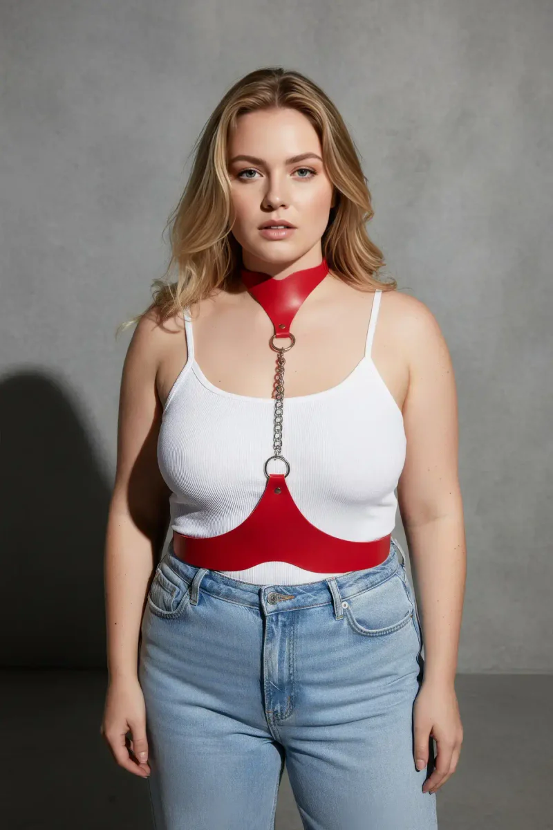 Plus Size Red Women's Belt Chain Detailed Leather Body Accessory - APFT1265