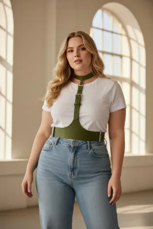 Plus Size Khaki Women's Belt, Corset Look Leather Harness Body Accessory - APFT1297