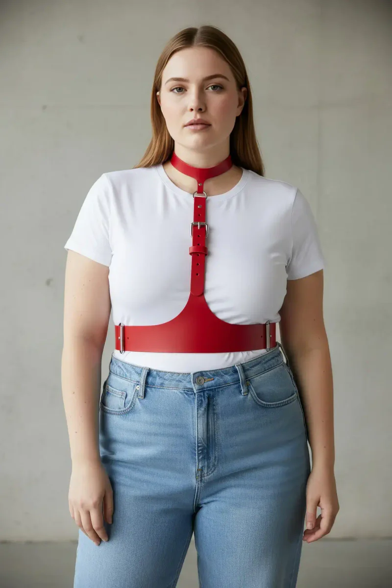 Red Vegan Leather Choker Harness Set on