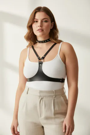 Plus Size Black Women's Belt Staple Detailed Leather Harness Body Accessory - APFT1299