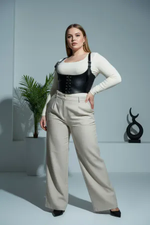 Plus Size Black Women's Belt Lace-Up Corset Detailed Leather Look - APFT1428