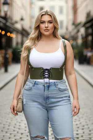 Plus Size Khaki Women's Corset Style with Belt Shoulder Straps - APFT1429