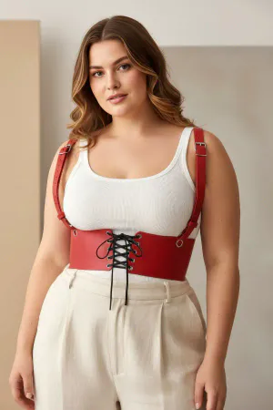 Plus Size Red Women's Leather Suspender Corset Belt Lace-Up Model - APFT1429