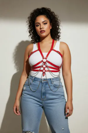 Plus Size Red Women's Belt Leather Harness Chain Detailed Body Accessory - APFT9