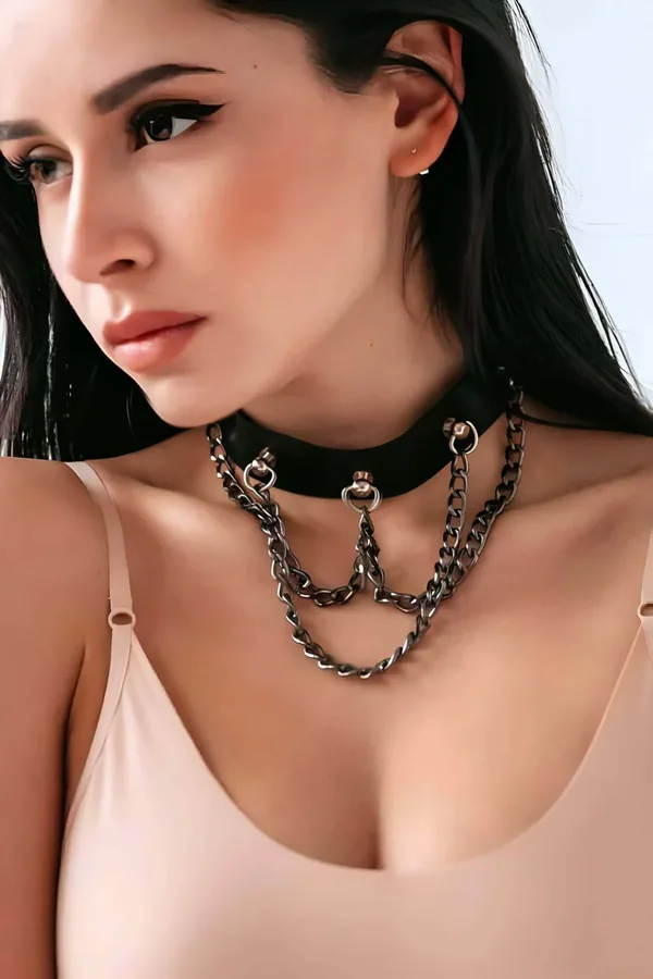 Чокер из экокожи со склада, опт, Layered Chain Black Faux Leather Choker