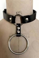Adjustable Leather Choker - Ring Detailed Collar in Black & Red, Sizes S to 5XL - Image 2