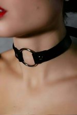 Leather Choker Adjustable Stylish Collar with Single Ring - Black & Red - Image 2