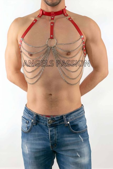 Men's Leather Harness - Adjustable Leather Chest Harness in Black & Red