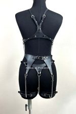 Red Faux Leather Full Body Harness with Chain and Garter Straps - Image 4