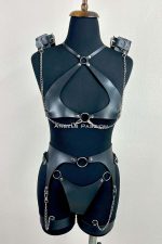 Red Faux Leather Full Body Harness with Chain and Garter Straps - Image 5