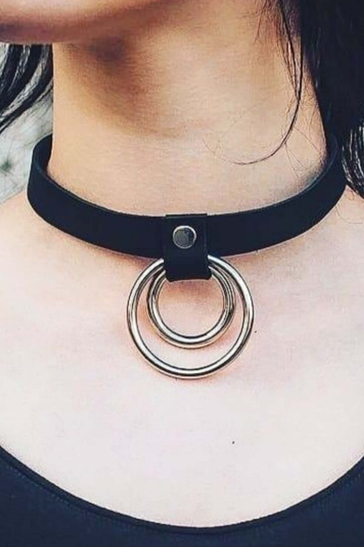 98379.jpg Leather Choker - Adjustable Thin Stripe Ring Detailed Stylish Neck Accessory - Image 1