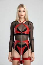 Red Faux Leather Full Body Harness with Chain and Garter Straps