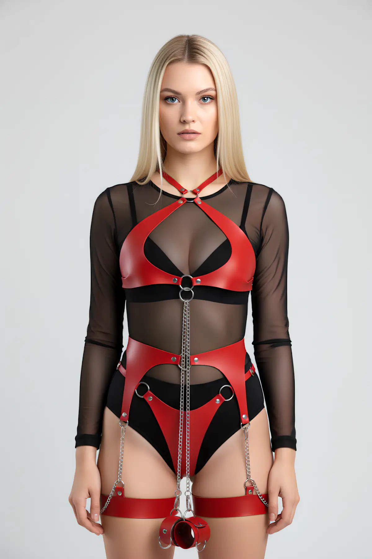 APFT1219-K1-1 Red Faux Leather Full Body Harness with Chain and Garter Straps - Image 1